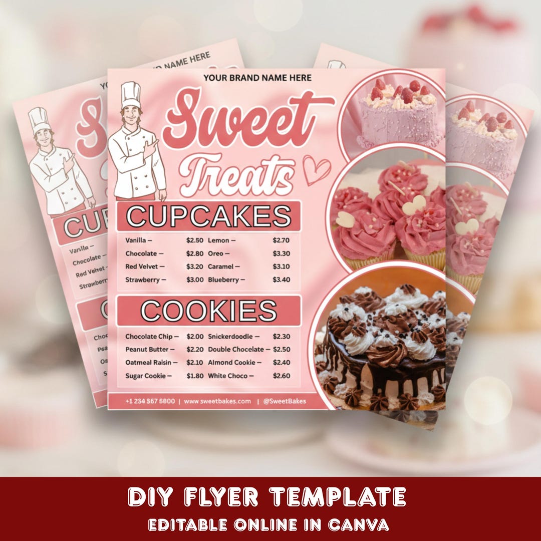Editable Bakery Menu Template Canva, Pink Treats Price List Flyer for ...