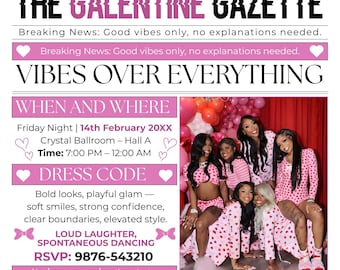 Volante de periódico editable en Canva para el Día de Galentine, invitación para una noche de chicas estilo revista, sorpresa para San Valentín, descarga digital imprimible.