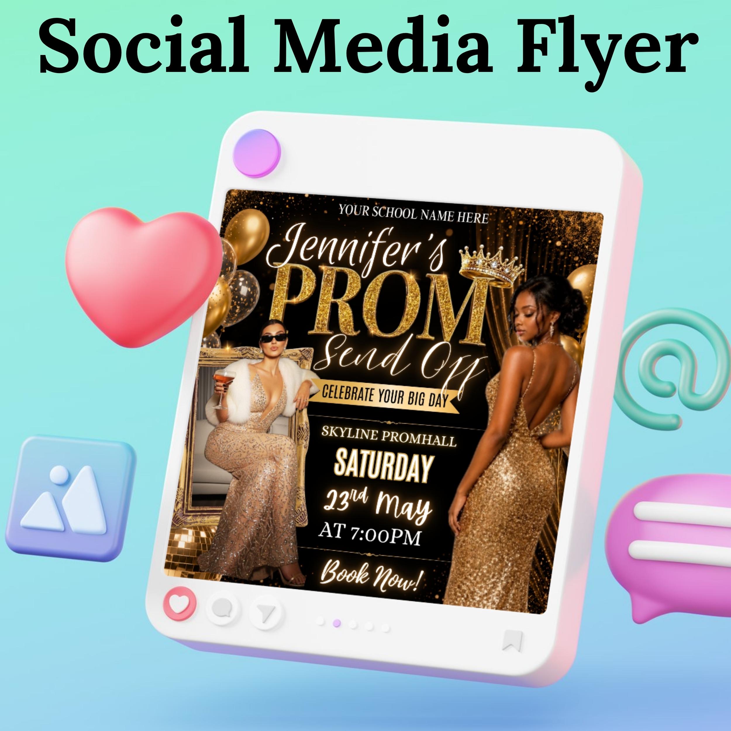 Prom Send off Flyer Template Canva Editable, Glam Gold Prom Party ...