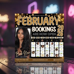 May include: A promotional graphic for February bookings, featuring a woman's portrait and a calendar. The text reads "February Bookings 2026 are Now Open." Includes contact information and social media handles. The design is black and gold.