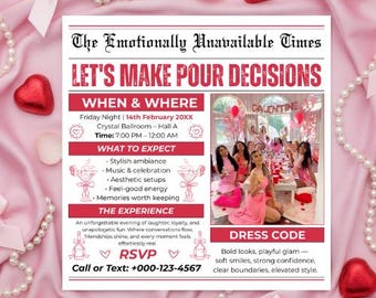 Plantilla editable de volante de periódico para el Día de Galentine, invitación a una noche de chicas rosa, volante de fiesta estilo revista, plantilla de Canva para descarga digital.