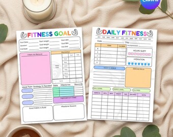 Plantilla editable de Canva para planificador diario de actividad física, registro de pasos, entrenamiento, comidas, hidratación y sueño, diario de actividad física imprimible XL, descarga digital.