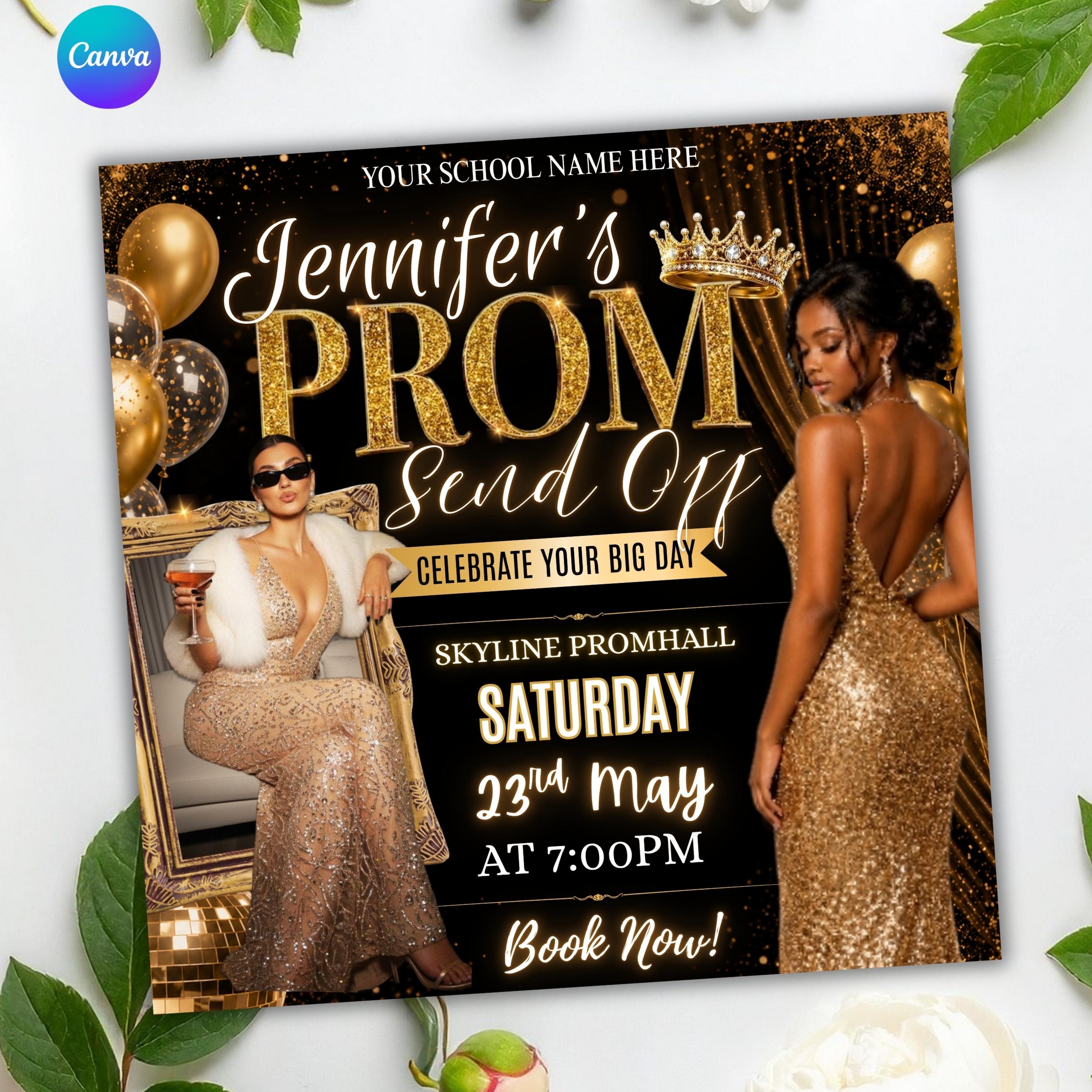 Prom Send off Flyer Template Canva Editable, Glam Gold Prom Party ...