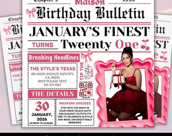 Editable Newspaper Birthday Invitation Canva Template, Pink Glam Birthday Evite, Modern Digital Party Flyer, Social Media Invite Download