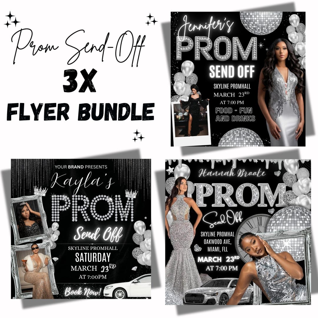 Prom Send off Flyer Bundle, Silver Black Glam Invite, Editable Senior ...