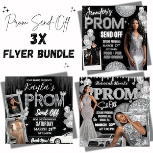 May include: A bundle of three black and white prom send-off flyers. Each flyer features a photo of a person in formal attire, silver balloons, and disco ball graphics. The flyers include event details such as date, time, and location.