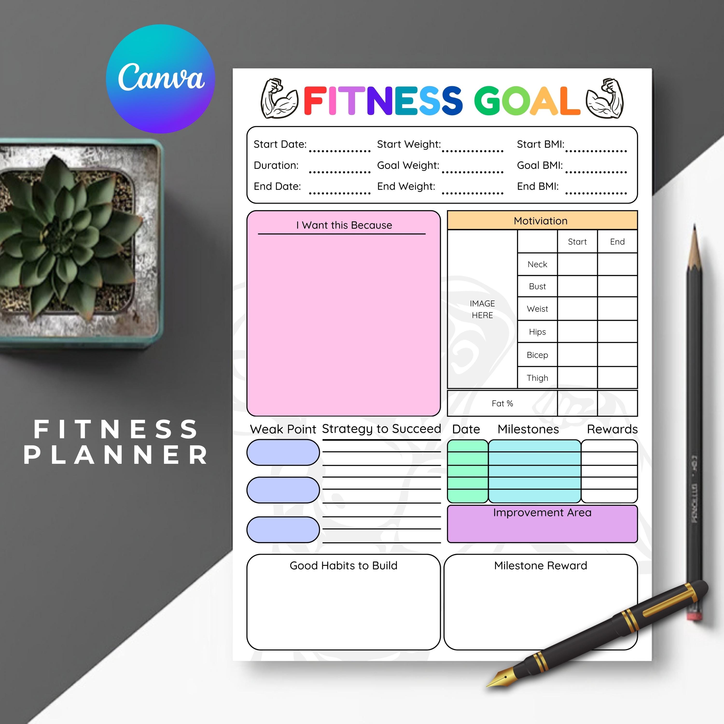 Editable Daily Fitness Planner Canva Template, Workout Meal Hydration ...