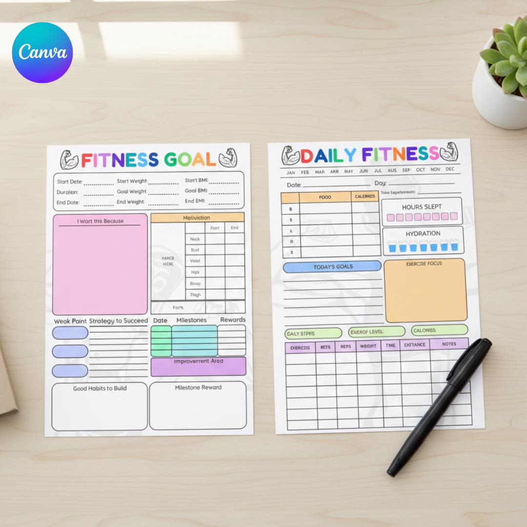 Editable Daily Fitness Planner Canva Template, Workout Meal Hydration ...