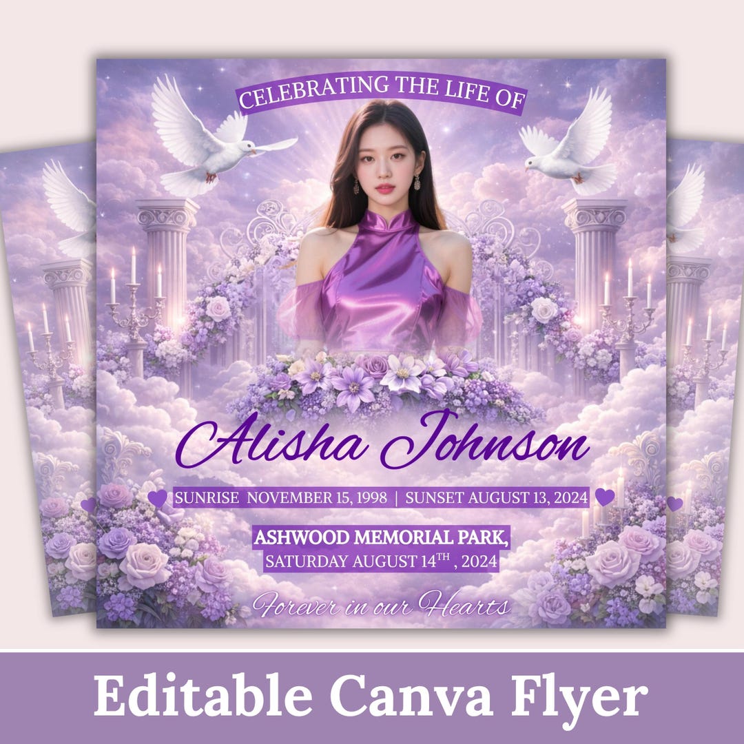 Editable Funeral Memorial Invitation Canva Template, Purple Celebration ...