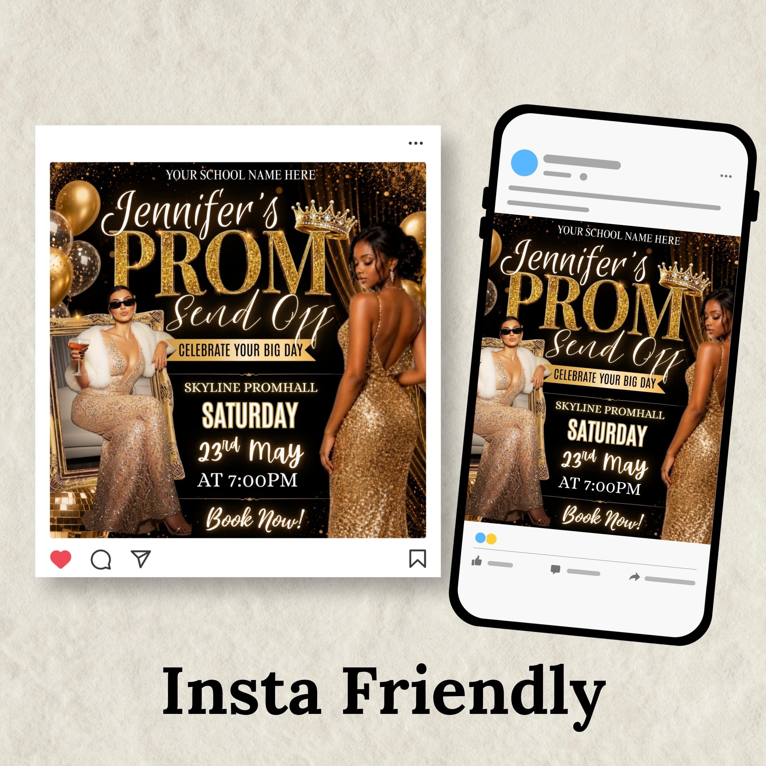Prom Send off Flyer Template Canva Editable, Glam Gold Prom Party ...
