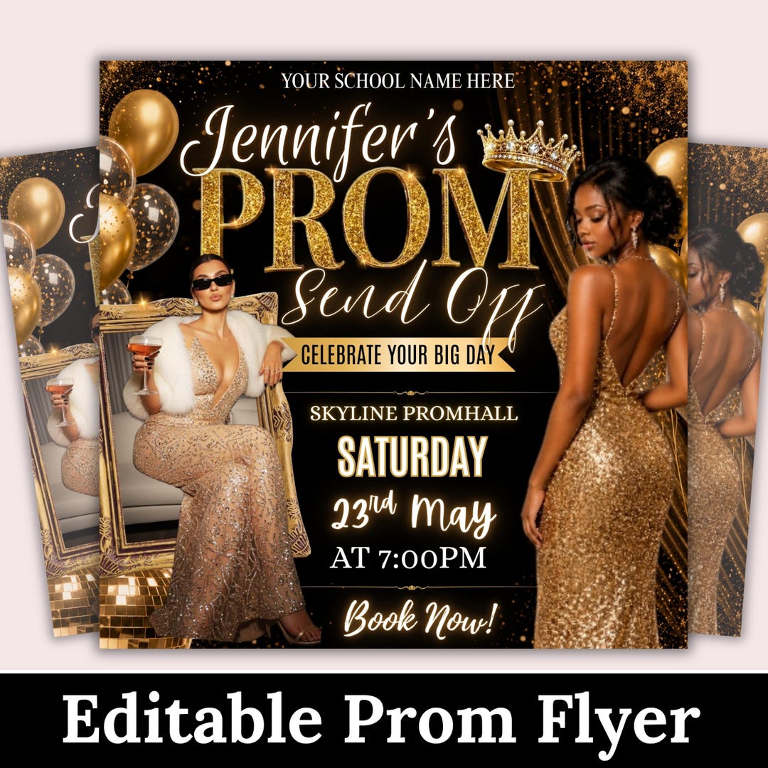 Prom Send off Flyer Template Canva Editable, Glam Gold Prom Party ...