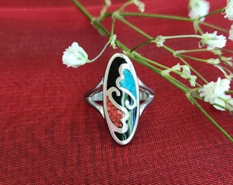 Vintage 840 Silver Inlay Ring Size 5 3/4 Turquoise Multi Stone Southwest