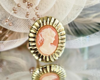 Gold Tone Large Oval Porcelain Painted Romantic Couple Cameo