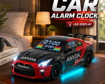 Hypercar väckarklocka med motorljud, avgaseffekt och LED-lampor, skrivbordspresent för bilälskare, bilväckarklocka