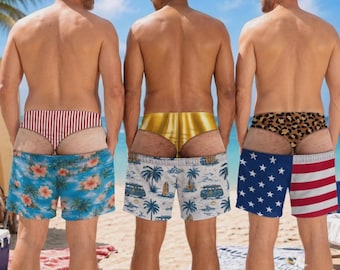 Costume da bagno da uomo personalizzato e divertente con effetto illusione ottica, pantaloncini da bagno originali e divertenti per feste, regalo per marito e fidanzato.