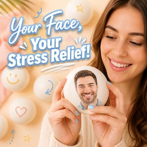 May include: A round white stress relief ball featuring a custom printed photograph of a smiling man. The text Your Face, Your Stress Relief! is displayed in blue script. Additional white balls with simple line art icons are visible in the background.