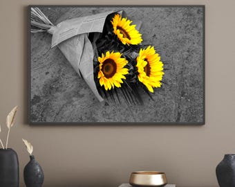 Bright Sunflower Bouquet Print | Yellow Floral Wall Art | Rustic Farmhouse Decor | Sunflower Photography Poster | Gift for Flower Lovers