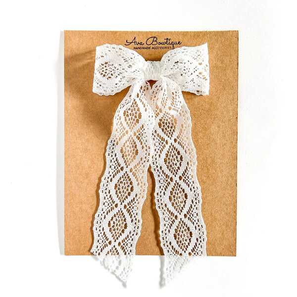 White Lace Bow - Girls Lace Hair Bow - Lace Flower Girl Hair Clip  - White Wedding Bow - Easter Hair Bow