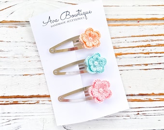 Crochet Flower Snap Clip Set - Toddler Snap Clips - Girls Birthday Gift