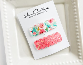 Floral Snap Clip Set - Girls Glitter Barrette - Girls Snap Clips - Toddler Snap Clips - Girls Birthday Gift