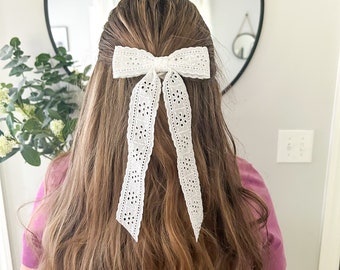 White Eyelet Bow Clip - Girls Lace Hair Bow - Lace Flower Girl Hair Clip  - White Wedding Bow - Easter Hair Bow