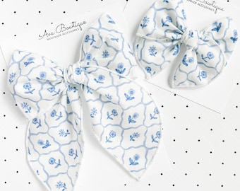 Blue Floral Sailor Hair Bow Girls Barrette Baby Headband Toddler Hair Clip Boutique Spring Summer Accessory Gift Matching Sister Outfit Idea