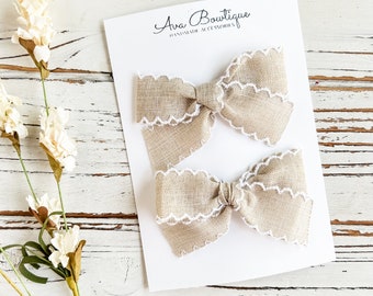 Linen Pigtail Bow Set - Girls Linen Pigtail Bows - Toddler Pigtail Bows