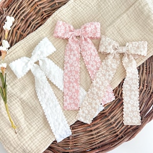Girls Long Tails Hair Bow - Pink Bow Hair Clip - White Bow Barrette - Women Hair Bow
