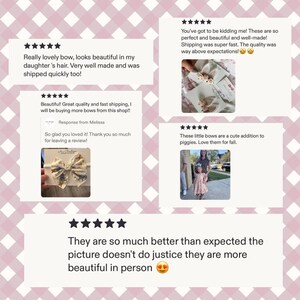 May include: Image showing customer feedback for hair bows. Reviews praise the bows' appearance, quality, and swift delivery. One review notes the bows are a cute addition. The background has a pink and white checkered pattern.