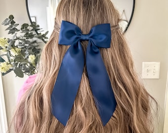 Navy Satin Bow  Girls Satin Hair Clip  Satin Flower Girl Bow   Navy Bridesmaid Hair Bow