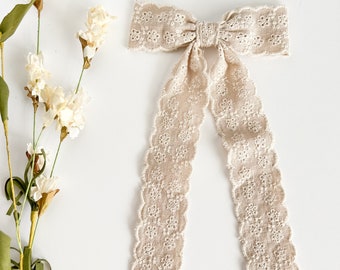 Linen Lace Bow - Linen Bow Barrette - Long Tails Hair Bow - Easter Hair Bow