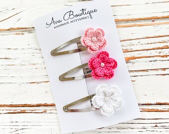 Crochet Flower Hair Clip Set - Toddler Snap Clips - Girls Birthday Gift