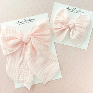 Light Pink Double Gauze Hair Bow Girls Sailor Bow Baby Headband Toddler Hair Clip Handmade Boutique Accessory Birthday Gift Idea Photo Prop