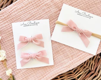 Pink Mauve Velvet Bow Headband  Pink Velvet Pigtail Bows  Pink Velvet Bow  Baby Hair Bows  Baby Headbands  Mauve Hair Bow