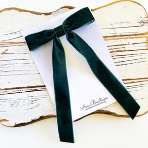 Hunter Green Velvet Long Tails Hair Bow - Girls Hunter Green Velvet Bow - Holiday Velvet Hair Bow