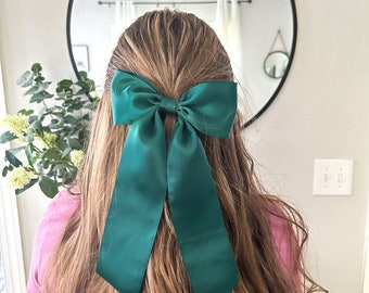 Hunter Green Satin Bow - Girls Green Satin Bow Hair Clip - Satin Flower Girl Bow  - Dark Green Bridesmaid Hair Bow