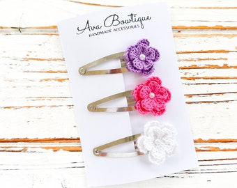 Crochet Flower Snap Clip Set - Toddler Snap Clips - Girls Birthday Gift