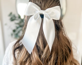 White Satin Bow - Girls Satin Bow - Satin Flower Girl Bow  - White Wedding Hair Bow - Easter Hair Bow
