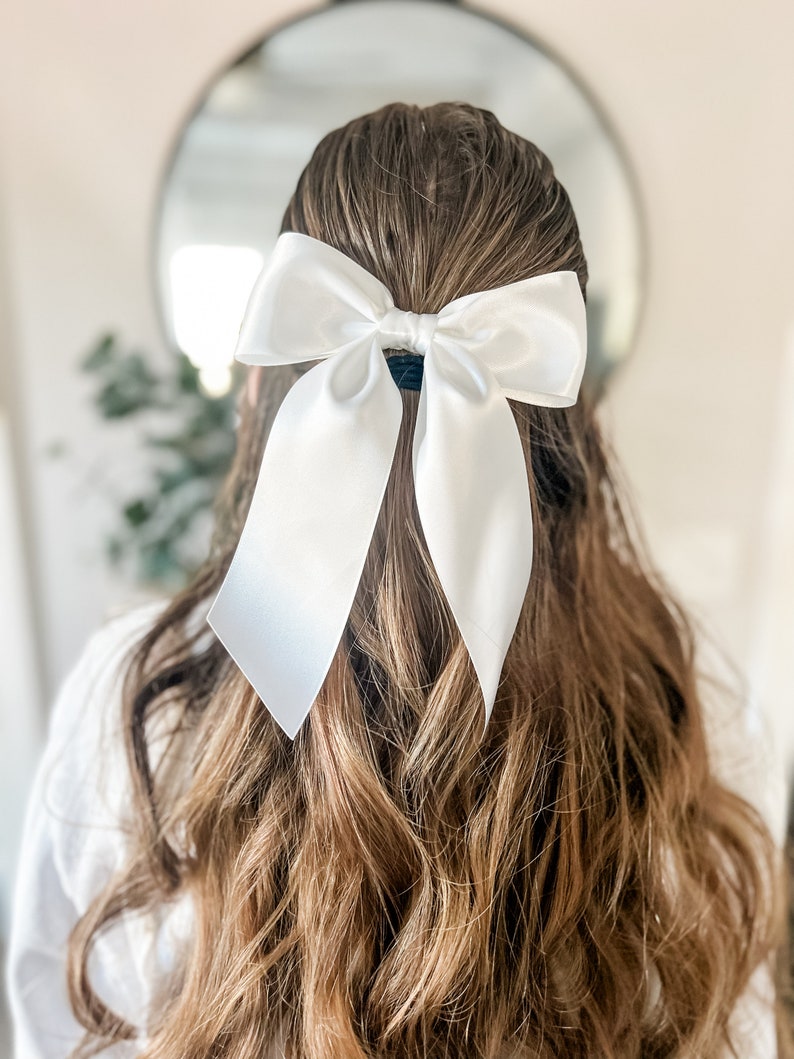 White Satin Bow Girls Satin Bow Satin Flower Girl Bow White Wedding Hair Bow Easter Hair Bow image 1