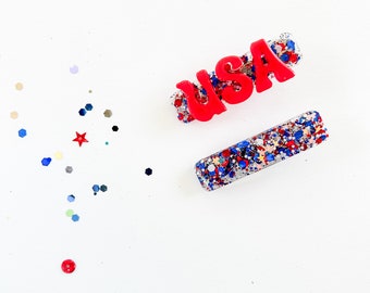 4th of July Glow in the Dark Hair Clip - July 4th Barrette - USA Glitter Hair Clip- Hair Accessories - Star Hair Clip