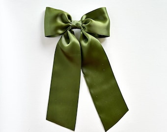 Moss Green Satin Bow - Girls Green Satin Bow - Satin Flower Girl Bow  - Green Long Tails Bow