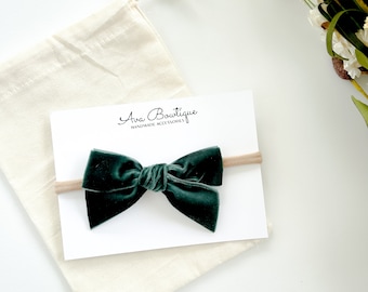 Forest Green Velvet Headband - Holiday Bow Headband - Hand Tied Bow Headband - Christmas Velvet Bow - Forest Green Hair Bow-