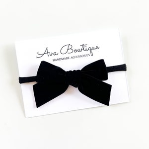 Black Velvet Bow Headband - Black Bow Headband - Hand Tied Bow Headband - Nylon Headband - Newborn Bow Headband