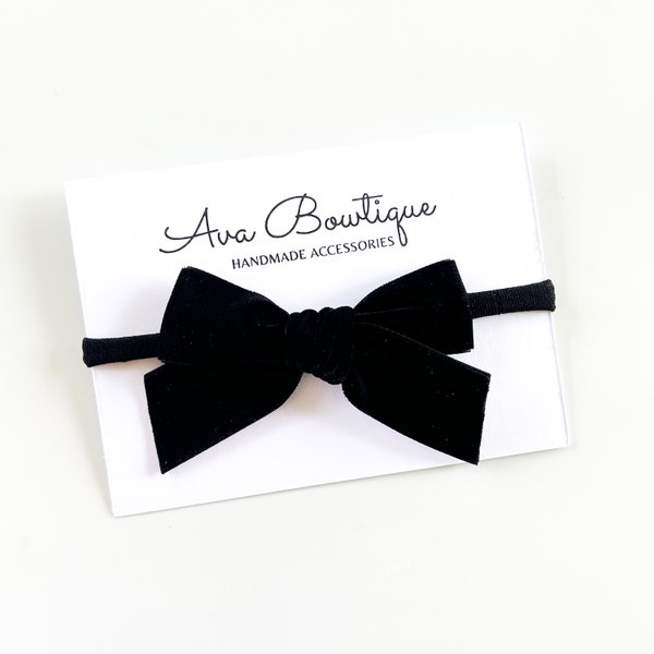 Black Velvet Bow Headband - Black Bow Headband - Hand Tied Bow Headband - Nylon Headband - Newborn Bow Headband