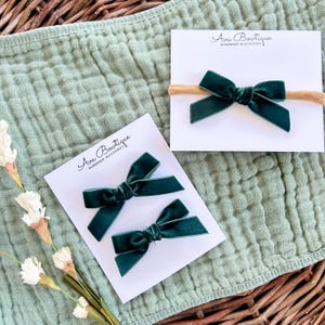 Forest Green Velvet Headband - Holiday Bow Headband - Hand Tied Bow Headband - Christmas Velvet Bow - Hunter Green Hair Bow-