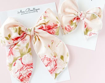 Pink Floral Hair Bow Baby Girl Flower Headband Shower Gift Birthday Item Toddler Barrette Accessory  Matching Sisters Hairbow Custom Sizes