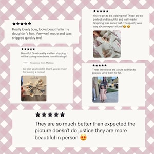 May include: Image featuring customer reviews for hair bows. The reviews highlight the bows' beauty, quality, and fast shipping. One review mentions the bows are a cute addition. The background has a pink and white checkered pattern.