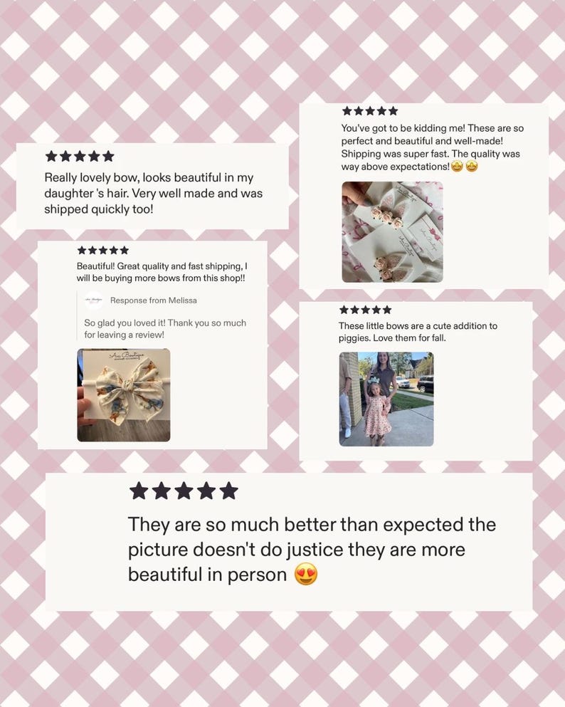 May include: Image featuring customer reviews for hair bows. The reviews highlight the bows' beauty, quality, and fast shipping. One review mentions the bows are a cute addition. The background has a pink and white checkered pattern.