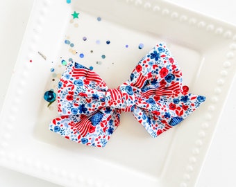 4th of July Hair Bow - Floral Flag Headband for Girls - Independence Day Hair Clip