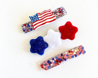 Patriotiska hårspännen set 4 juli-spännen flickor Americana håraccessoarer röd vit blå småbarnsspännen USA-flagga butik presentidé